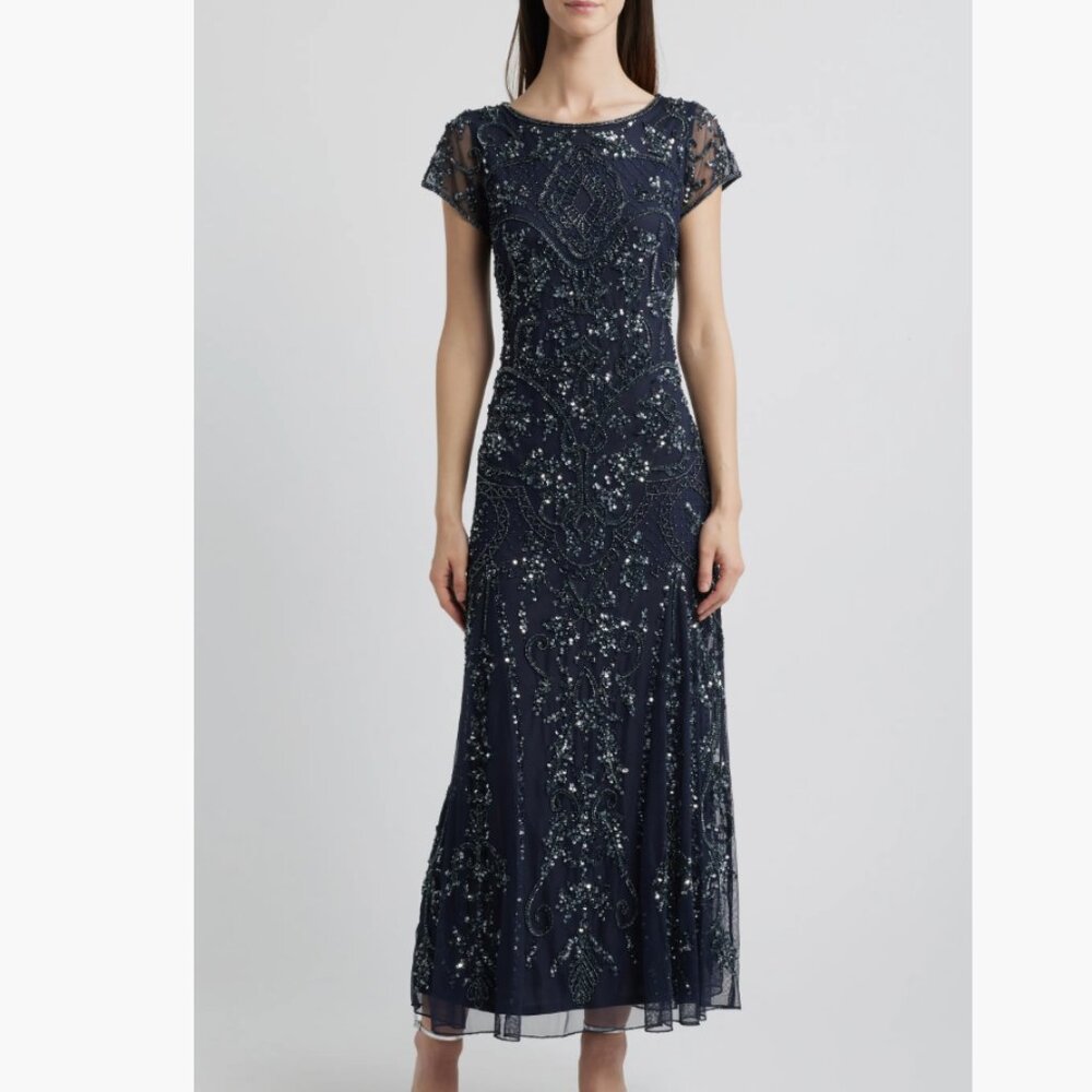 NWT PISARRO NIGHTS Luxury Dress-Beaded Navy Blue Maxi Formal -Size 10